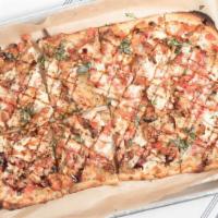 Bruschetta Chicken Flatbread · Toasted basil flatbread topped with melted mozzarella cheese, fresh basil, diced chicken, br...