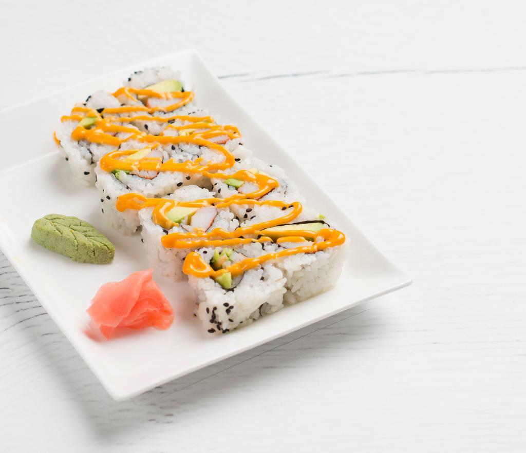 Spicy California Roll · Crab mix, cucumber, avocado, and spicy mayo.