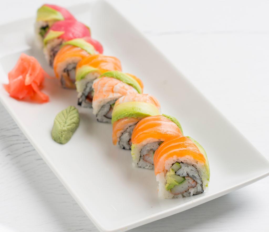 Rainbow Roll · Popular. Crab mix, cucumber & avocado topped with salmon, tuna and avocado.