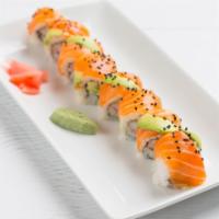 Alaska Roll · Crab mix, cucumber, and avocado topped with salmon and avocado.