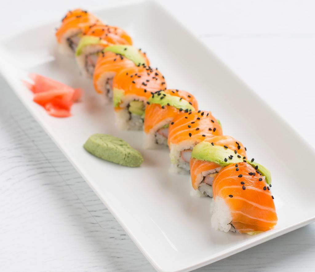 Alaska Roll · Crab mix, cucumber, and avocado topped with salmon and avocado.