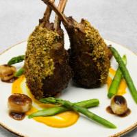Colorado Lamb Rack · Pistachio and herb crust, toffee carrot puree, sweet and sour pearl onions, asparagus tips, ...