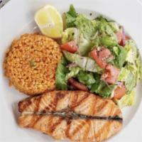 Grilled Salmon · Perfectly grilled served with bulgur pilaf and salad.