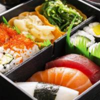 Tuna Bento Box · The original tuna roll (10 pc), chef choice sashimi (3 pc), seaweed salad (5 oz).