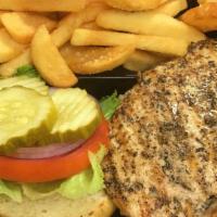 Grilled Chicken Breast Sandwich · All served with House Special Seasoned Steak Fries, Lettuce, Tomato, Onion, Pickles and a Dr...
