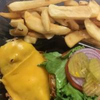 Grilled Chicken Breast W/Cheese Sandwich · All served with House Special Seasoned Steak Fries, Lettuce, Tomato, Onion, Pickles and a Dr...