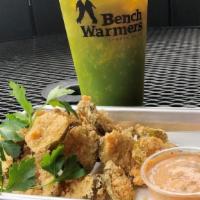 Fried Pickles · Pickle chips with. Cajun remoulade