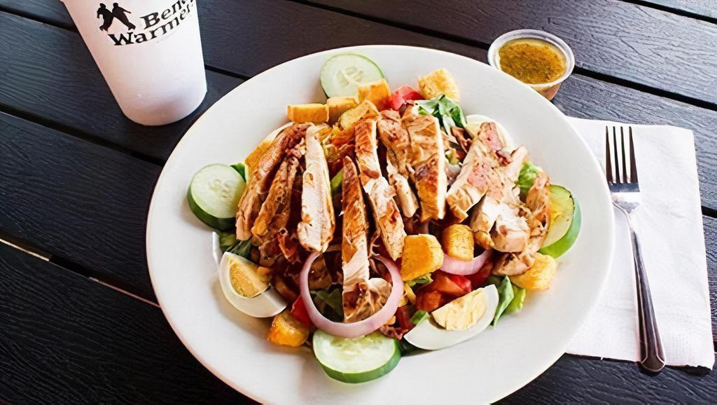 Chicken Chef Salad · Fresh crisp greens topped with choice of meat, bacon bits, . tomatoes, cheese, croutons, boiled egg, cucumbers, red onions, & . green peppers    Ham & Turkey or Chicken