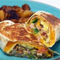 Breakfast Burrito · 3 scrambled eggs with Ham,Sausage,Bacon,Green Pepper, Onions, Tomatoes and Cheddar Cheese ro...