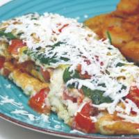 Greek  Omelette · A 3 egg Omelette with Fresh, Spinach, Tomatoes, Black Olives and Feta cheese! Served with (H...