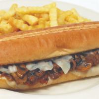 Steak, Onions & Mushroom Hoagie  · Chopped up Steak with grilled Onions and Mushrooms, on a toasted Hoagie roll!