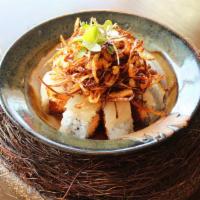 Bird'S Nest(8Pcs) · Spicy. Spicy tuna and spicy crab, topped with albacore tuna, fried red onion, and garlic sau...