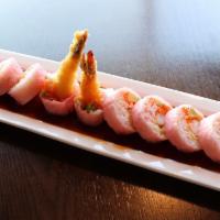 Pink Lady ((10Pcs) · Shrimp tempura crab salad, avocado, and fish egg, rolled with soy paper served with eel sauce.