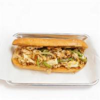 Chicken Philly · Thin-sliced chicken breast with peppers, onion, and cheese on a toasted hoagie bun.