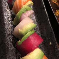 Rainbow Roll · California roll topped with tuna, salmon, white fish and avocado.