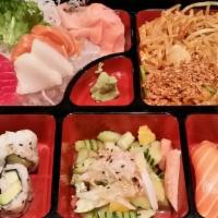 Sushi & Sashimi Bento Box · Six pieces sashimi, three pieces nigiri, four pieces California roll with cucumber salad, mi...