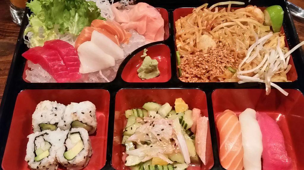 Sushi & Sashimi Bento Box · Six pieces sashimi, three pieces nigiri, four pieces California roll with cucumber salad, miso soup and choice of Chicken Teriyaki, Massaman Curry, Pad Thai or Shrimp Tempura