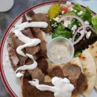 Euro Combo Beef & Lamb Plate · Gyro (beef and lamb mixed meat), greek salad, basmati rice, pita bread, and tzatziki sauce.