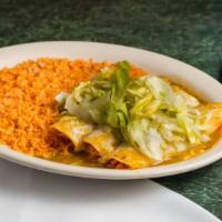 Enchiladas Verdes · Three chicken enchiladas, topped with cheese lettuce and salsa verde. Served with rice.