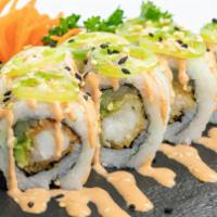 Mexican Roll · Shrimp tempura, spicy crabmeat topped with avocado & spicy mayo sauce.