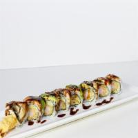 Dragon Roll (8Pcs) · Tempura shrimp & cucumber inside, eel & avocado on top with eel sauce.