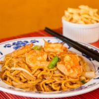 Shrimp Lo Mein · stir fry noodles with shrimp in brown sauce.