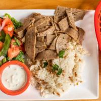 Beef Or Lamb Gyro Plate · Marinated beef or lamb meat slowly roasted and thinly sliced. Serve with rice and house salad.