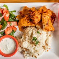 Roasted Chicken Plate · Marinated chicken cubes roasted. Serve with rice and house salad.