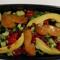 Mediterranean Salad · Mint, cherry tomatoes, cucumber, olives, corn, dried apricots, avocados. Walnut, pomegranate...