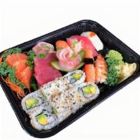 J65 Single Sushi · 6 pieces sushi, 12 pieces sashimi chef's choice & 1 colifornia roll. (with soup & salad)