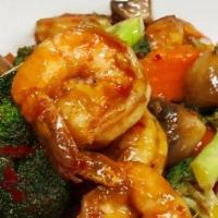 Hunan Shrimp · Hot & spicy. Shrimp with fresh broccoli, mushrooms, bamboo shoots and carrots in spicy sauce.