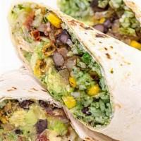 Vegan Burrito · Comes with rice, beans (pinto or black), tofu, pico de gallo, lettuce, and guacamole on a fl...