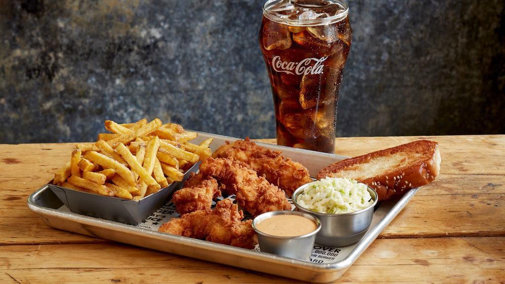 Tender Meal (5 Pieces) · Fresh hand breaded tenders served with fries, coleslaw, and Texas toast.