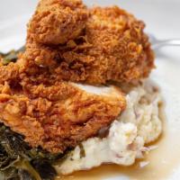 Springer Mountain Farms Fried Chicken · Garlic sautéed collards, mashed red bliss potatoes, honey thyme jus
