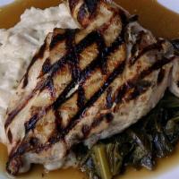 Springer Mountain Farms Grilled Chicken · Garlic sautéed collards, mashed red bliss potatoes, honey thyme jus, gluten friendly