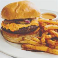 Pimento Cheeseburger · Grass-fed ground beef, our b&b pickles, BBQ mayonnaise, red onion, hand-cut fries, make glut...