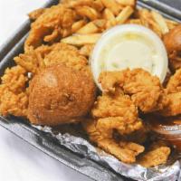 Fish & Shrimp Dinner · Pacific whiting fillets (wild caught), french fries, homemade coleslaw, and hushpuppies. inc...