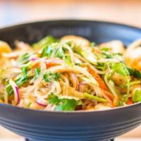 Korean Glass Noodle · Spicy. Clear noodle made out of sweet potation starch (gluten-free), sautéed with bell peppe...