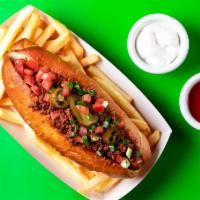 Mexican Style Hot Dog · Beef hot dog, jalapenos, sour cream, pico de gallo and bun.