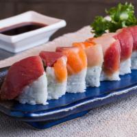 Rainbow Roll · California roll, topped with tuna, salmon, yellowtail, white fish, shrimp.