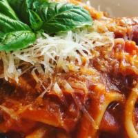 Spaghetti Pomodoro (Vegan) · Homemade fresh spaghetti pasta with homemade tomato sauce, cherry tomato, fresh basil.