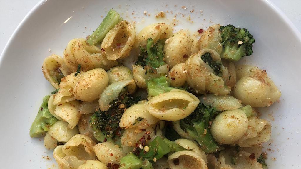 Orecchiette Pugliesi · Homemade fresh orecchiette pasta with fresh sautéed broccoli, garlic, touch of red pepper flakes and toasted bread crumb. Vegan option still available at $19.00