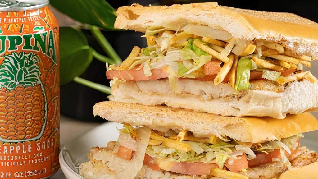 Chicken/Pollo Sandwich · Potato Sticks, Onions, Lettuce and Tomatoes on Cuban Bread/Papitas, Cebollas, Lechuga y Tomates en Pan Cubano
