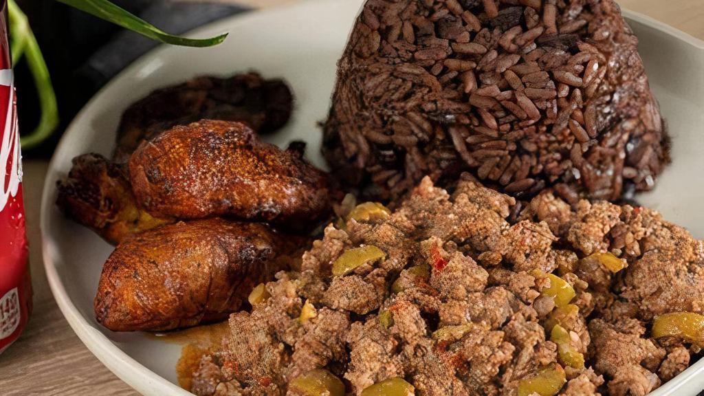 Picadillo · Ground Beef cooked in Traditional Cuban Seasoning, w/ your choice of rice & side.