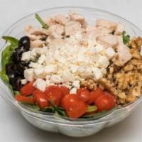 Mediterranean Salad · Mixed green, grilled chicken, black olives, cherry tomatoes, nuts and feta cheese. Olive Oil...