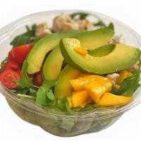 Buda Salad · Spinach, Quinoa, cherry tomatoes, mango, avocado, nuts. Balsamic Dressing