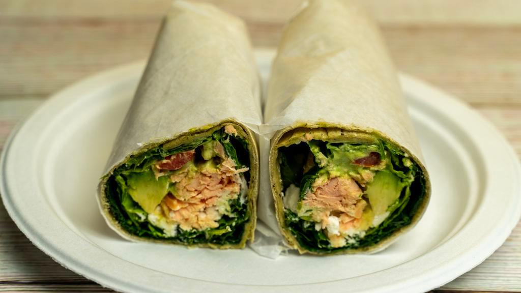 Ocean Wrap · Whole wheat wrap, grilled salmon, spinach, arugula, goat cheese, red onions, cranberries and honey mustard.