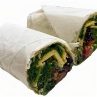 Vegan Wrap · Whole wheat wrap, hummus, vegan cheese, spinach, arugula,  roasted pepper, tomatoes cheese, ...