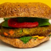 Vegan Burger · Ezekiel burger buns, veggie patty, spinach, vegan cheese, roasted pepper, tomatoe, avocado a...