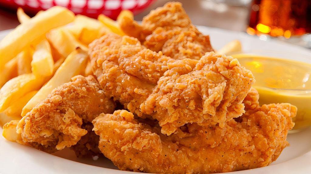 Chicken Tenders · 100% whole white meat fried to a crispy golden-brown served with fries and site of honey mustard sauce.
